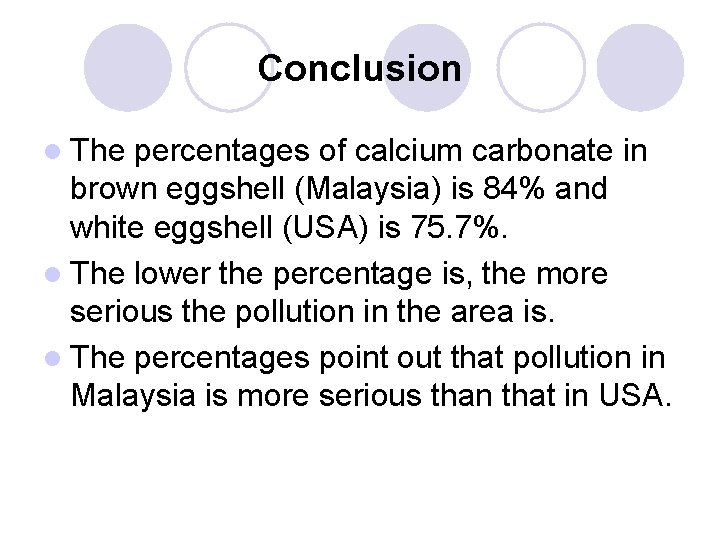 Conclusion l The percentages of calcium carbonate in brown eggshell (Malaysia) is 84% and