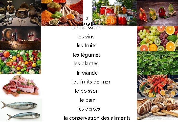 la vaisselle les boissons les vins les fruits les légumes les plantes la viande