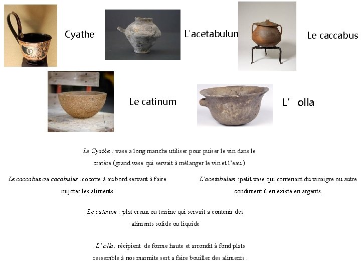 L'acetabulum Cyathe Le caccabus L’olla Le catinum Le Cyathe : vase a long manche
