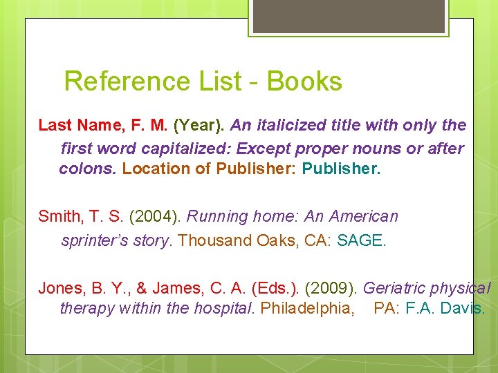 Reference List - Books Last Name, F. M. (Year). An italicized title with only