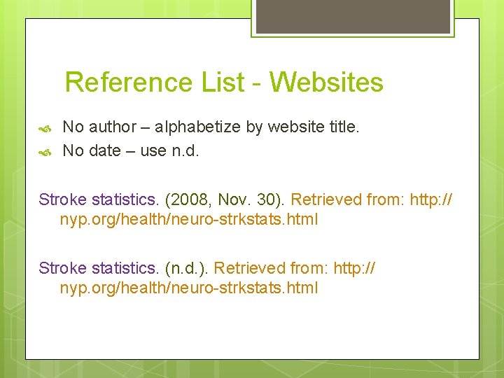 Reference List - Websites No author – alphabetize by website title. No date –