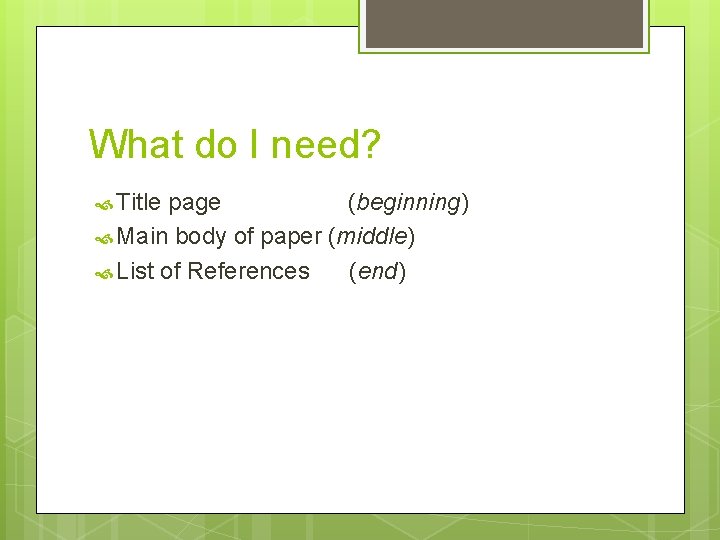 What do I need? Title page (beginning) Main body of paper (middle) List of