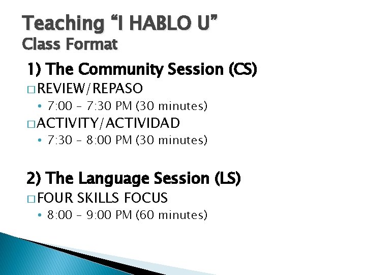 Teaching “I HABLO U” Class Format 1) The Community Session (CS) � REVIEW/REPASO •