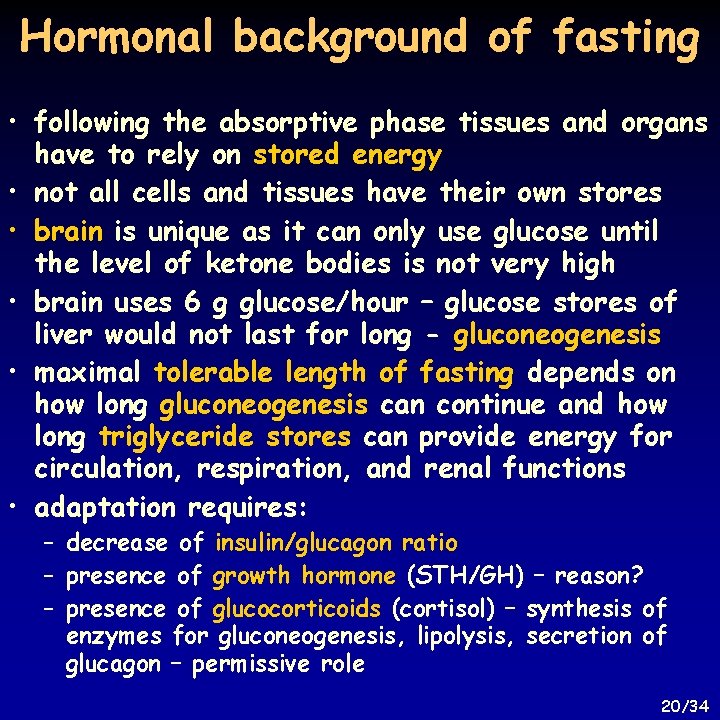 Hormonal background of fasting • following the absorptive phase tissues and organs have to