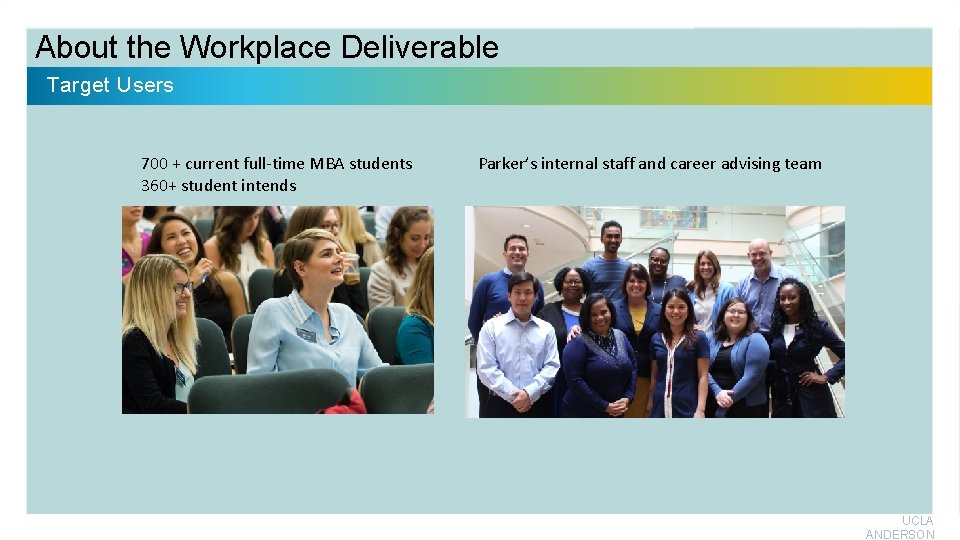 About the Workplace Deliverable Target Users 700 + current full-time MBA students 360+ student