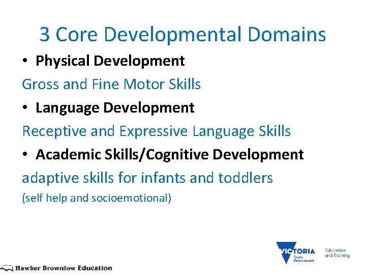 3 Core Developmental Domains • Physical Development Gross and Fine Motor Skills • Language