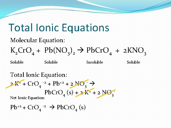 Total Ionic Equations Molecular Equation: K 2 Cr. O 4 + Pb(NO 3)2 Pb. Total Ionic Equations Molecular Equation: K 2 Cr. O 4 + Pb(NO 3)2 Pb.