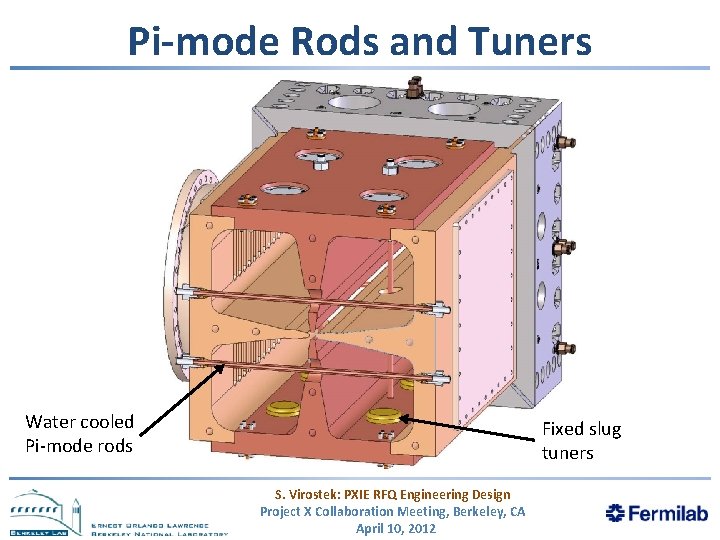 Pi-mode Rods and Tuners Water cooled Pi‐mode rods Fixed slug tuners S. Virostek: PXIE