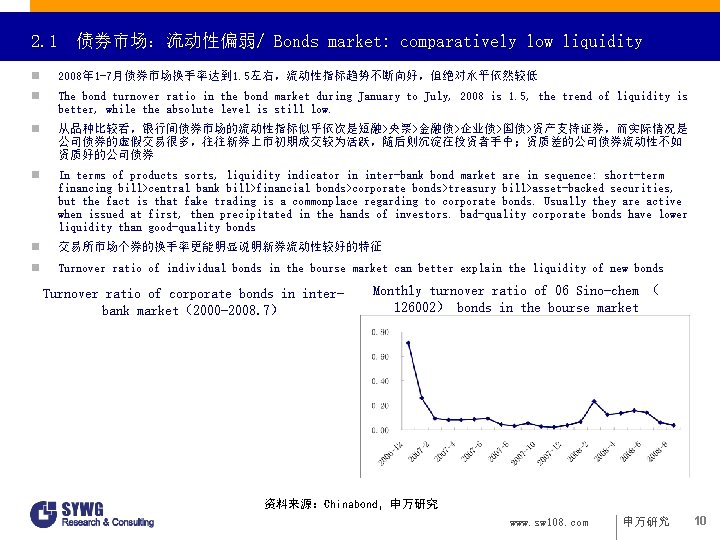 2. 1 债券市场：流动性偏弱/ Bonds market: comparatively low liquidity n 2008年 1 -7月债券市场换手率达到 1. 5左右，流动性指标趋势不断向好，但绝对水平依然较低