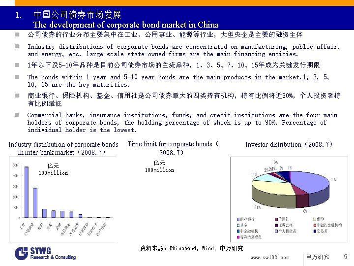 1. 中国公司债券市场发展 The development of corporate bond market in China n 公司债券的行业分布主要集中在 业、公用事业、能源等行业，大型央企是主要的融资主体 n