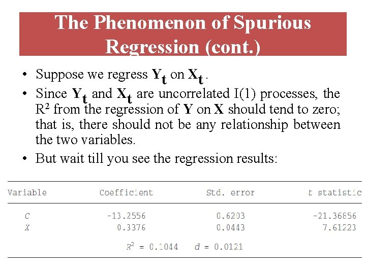 The Phenomenon of Spurious Regression (cont. ) • Suppose we regress Yt on Xt.