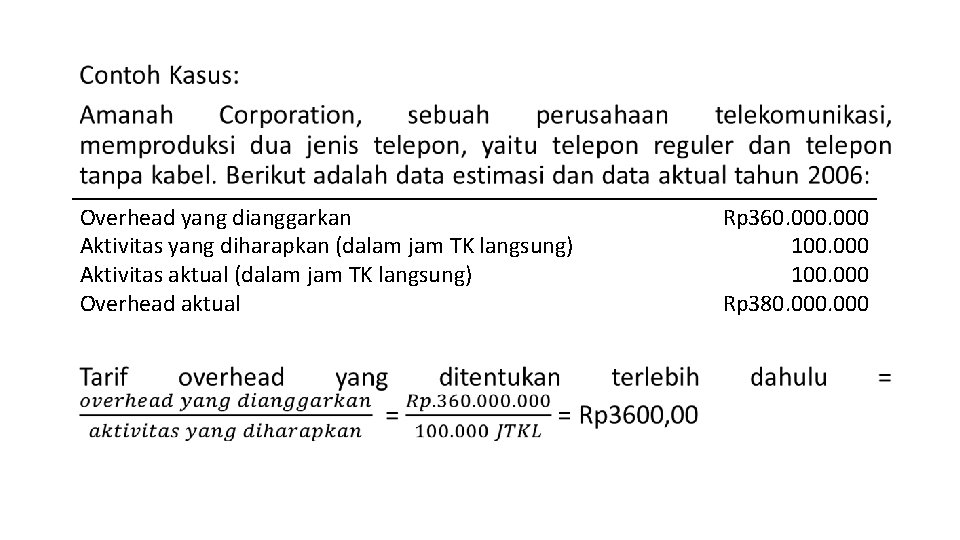  • Overhead yang dianggarkan Aktivitas yang diharapkan (dalam jam TK langsung) Aktivitas aktual