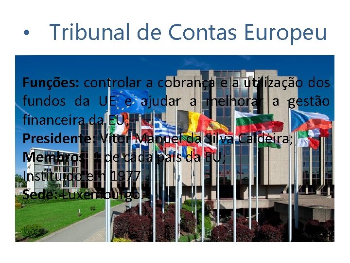  • Tribunal de Contas Europeu Funções: controlar a cobrança e a utilização dos