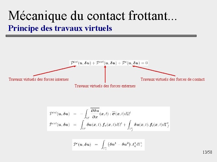 Mécanique du contact frottant. . . Principe des travaux virtuels Travaux virtuels des forces