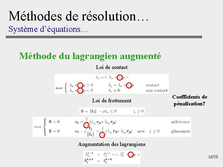 Méthodes de résolution… Système d’équations… Méthode du lagrangien augmenté Loi de contact Loi de