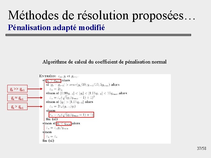 Méthodes de résolution proposées… Pénalisation adapté modifié Algorithme de calcul du coefficient de pénalisation