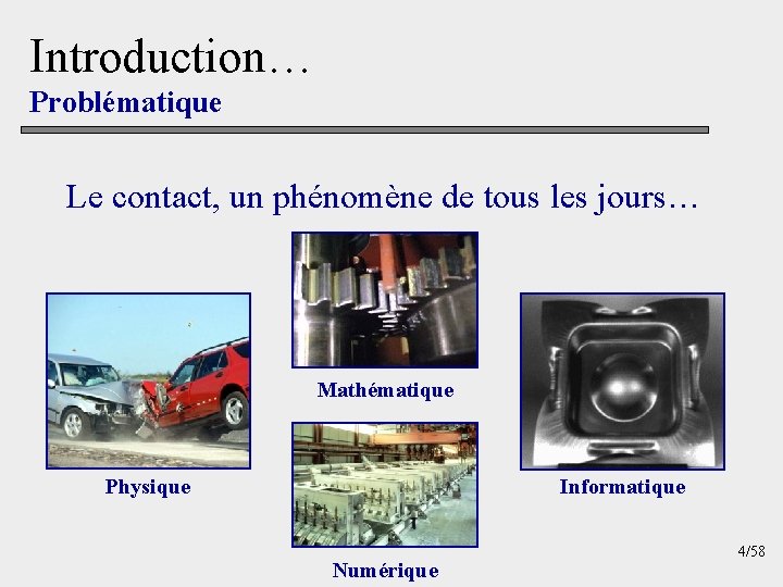 Introduction… Problématique Le contact, un phénomène de tous les jours… Mathématique Physique Informatique Numérique