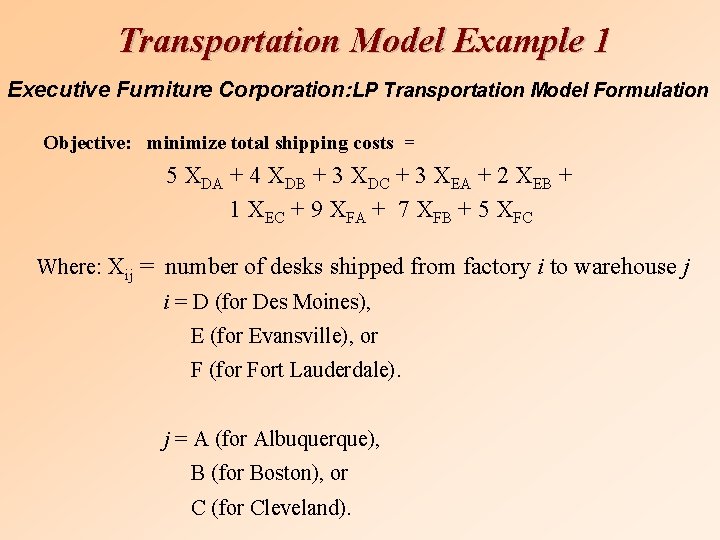 Transportation Model Example 1 Executive Furniture Corporation: LP Transportation Model Formulation Objective: minimize total