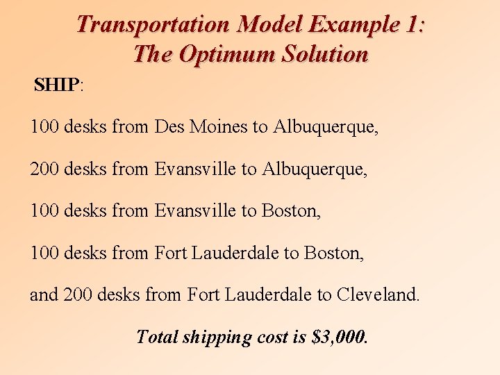 Transportation Model Example 1: The Optimum Solution SHIP: 100 desks from Des Moines to