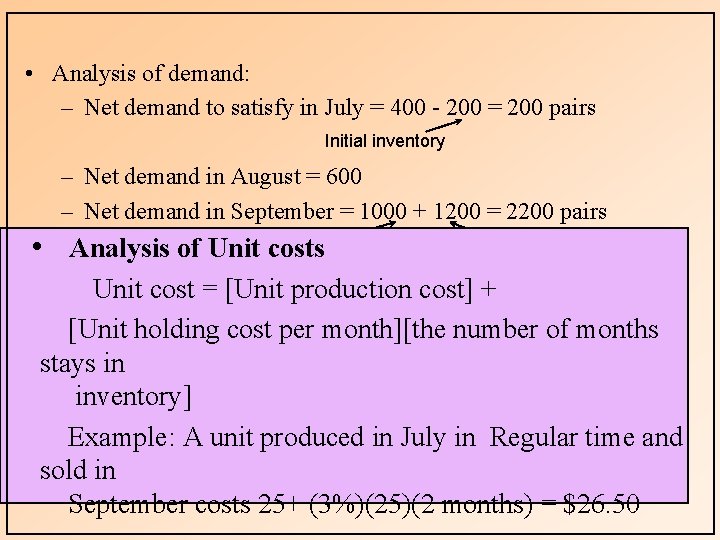  • Analysis of demand: – Net demand to satisfy in July = 400