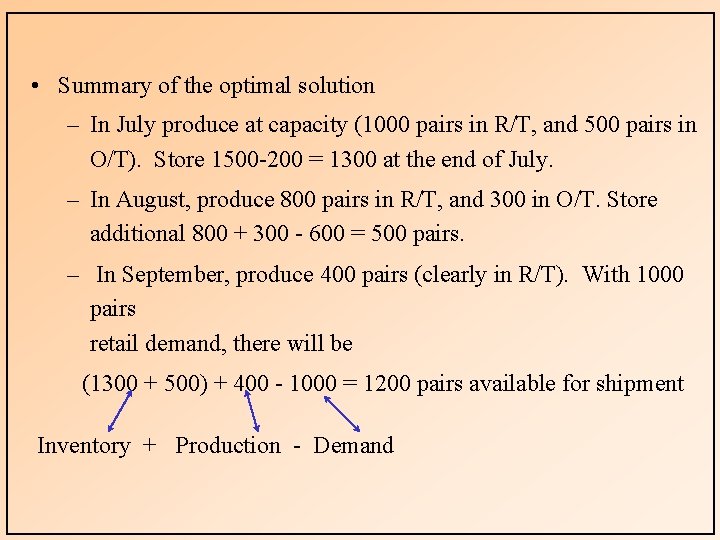  • Summary of the optimal solution – In July produce at capacity (1000