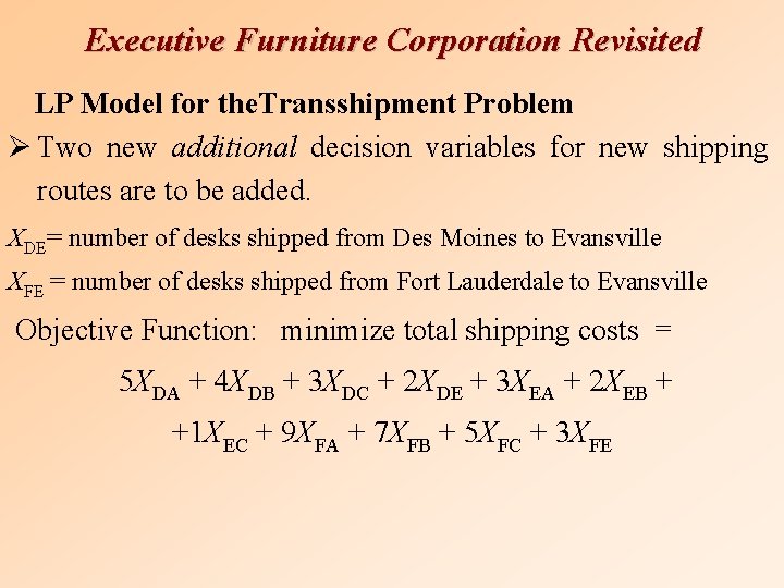 Executive Furniture Corporation Revisited LP Model for the. Transshipment Problem Ø Two new additional