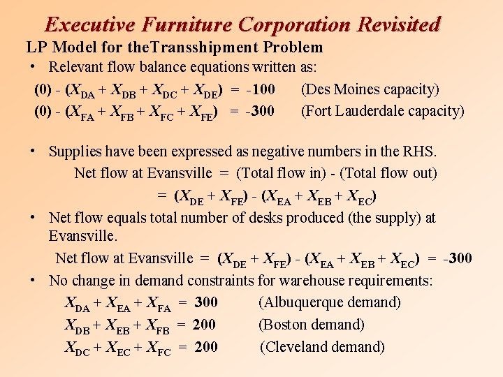 Executive Furniture Corporation Revisited LP Model for the. Transshipment Problem • Relevant flow balance