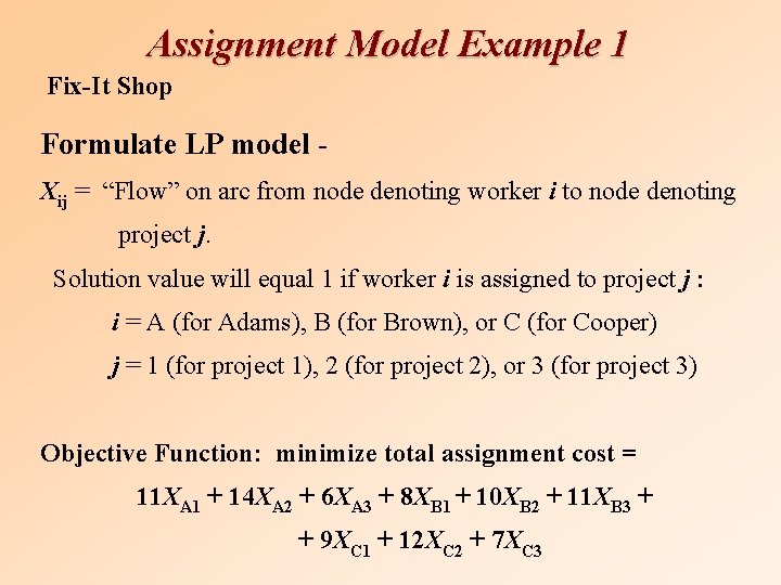 Assignment Model Example 1 Fix-It Shop Formulate LP model - Xij = “Flow” on