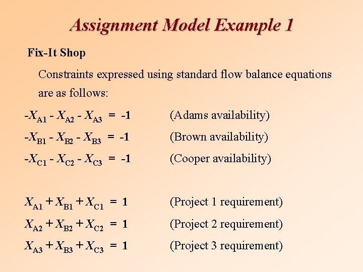 Assignment Model Example 1 Fix-It Shop Constraints expressed using standard flow balance equations are