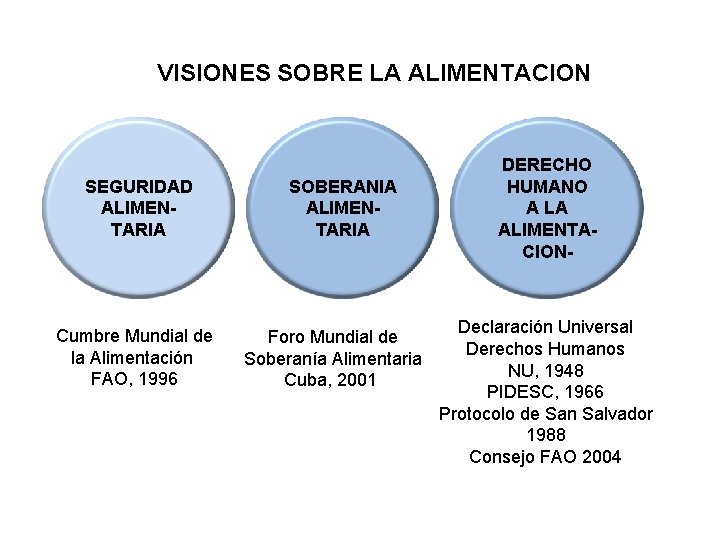 VISIONES SOBRE LA ALIMENTACION SEGURIDAD ALIMENTARIA Cumbre Mundial de la Alimentación FAO, 1996 SOBERANIA