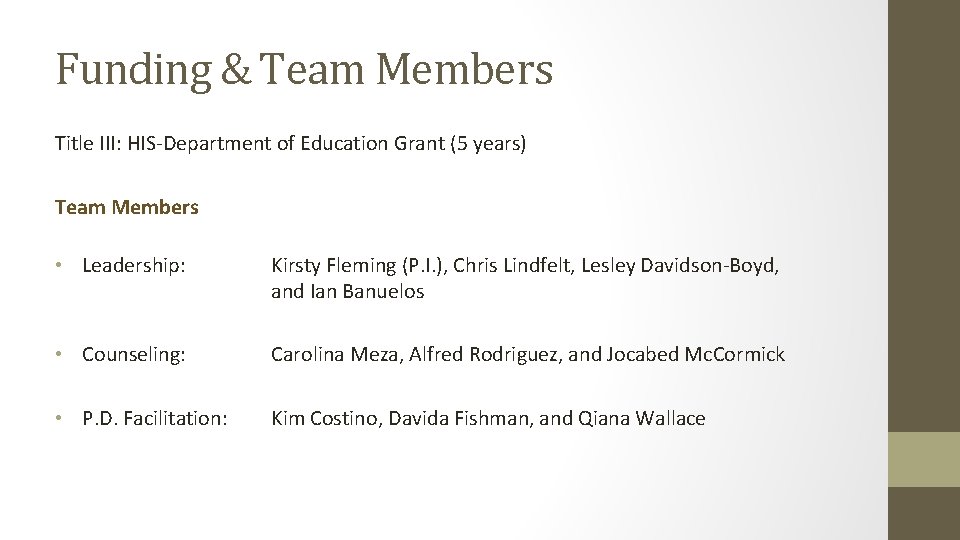 Funding & Team Members Title III: HIS-Department of Education Grant (5 years) Team Members