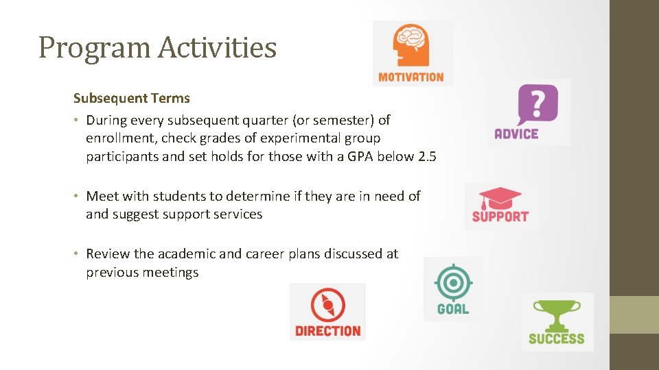 Program Activities Subsequent Terms • During every subsequent quarter (or semester) of enrollment, check