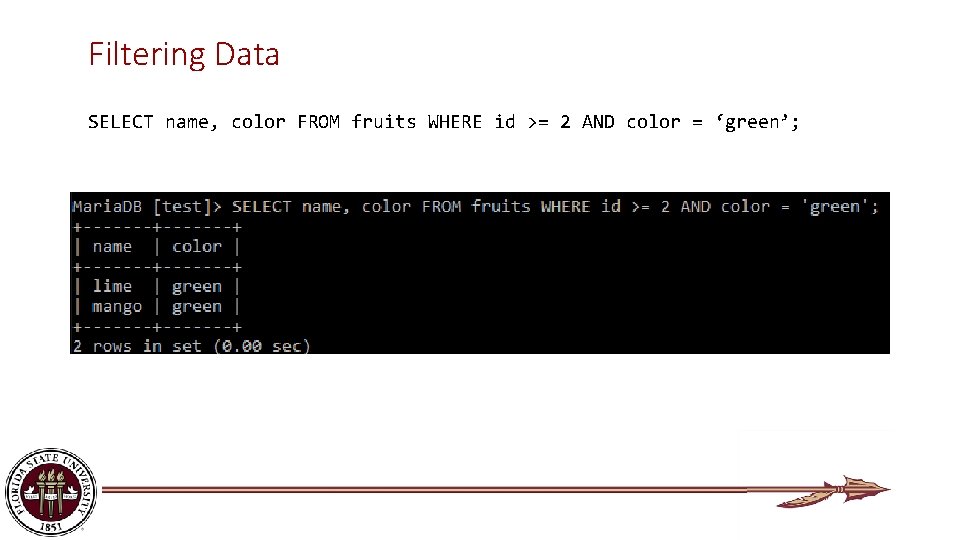 Filtering Data SELECT name, color FROM fruits WHERE id >= 2 AND color =