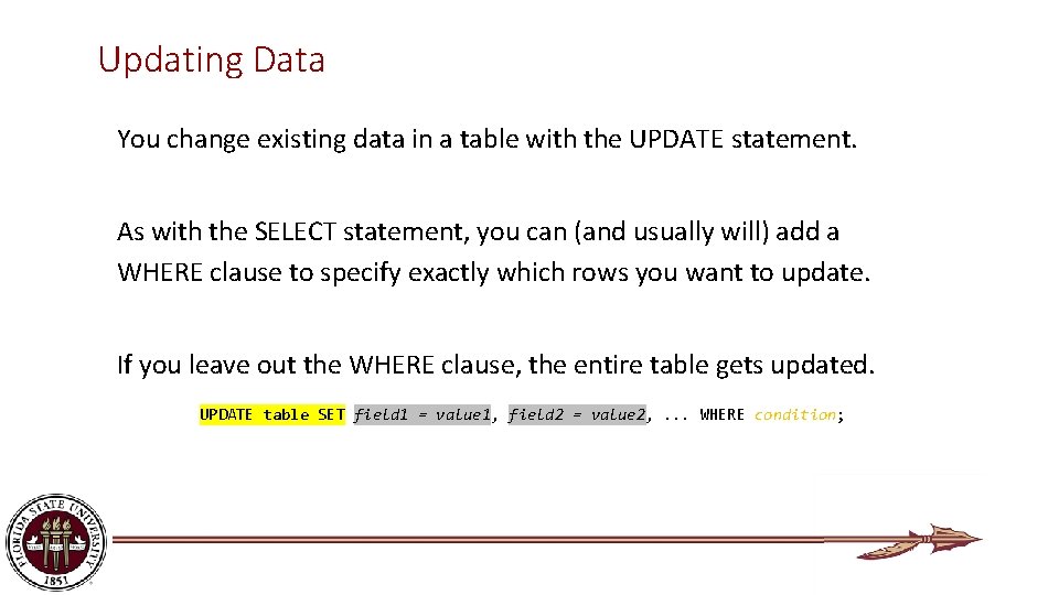 Updating Data You change existing data in a table with the UPDATE statement. As