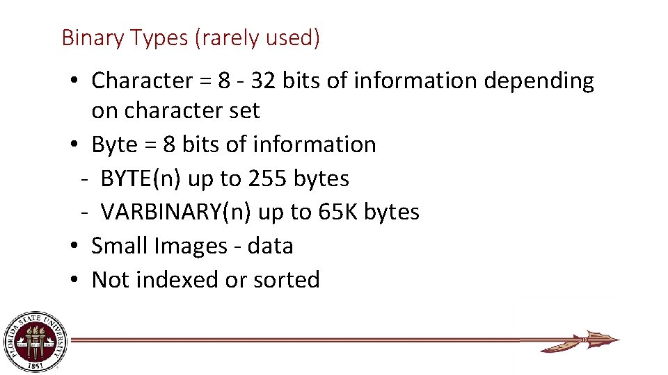 Binary Types (rarely used) • Character = 8 - 32 bits of information depending