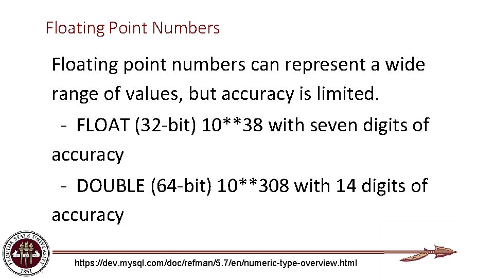 Floating Point Numbers Floating point numbers can represent a wide range of values, but