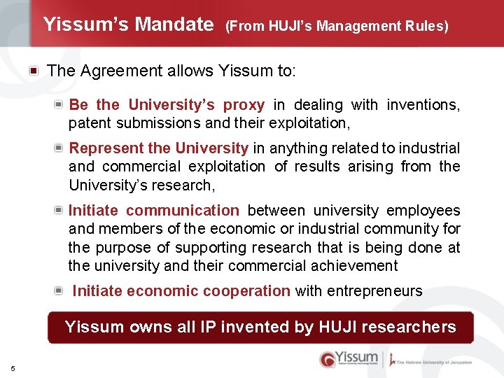 Yissum’s Mandate (From HUJI’s Management Rules) The Agreement allows Yissum to: Be the University’s