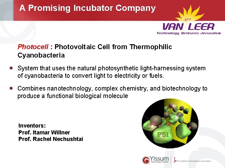 A Promising Incubator Company Photocell : Photovoltaic Cell from Thermophilic Cyanobacteria System that uses