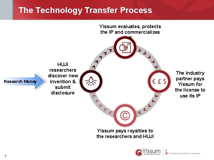 The Technology Transfer Process Yissum evaluates, protects the IP and commercializes it Research Money