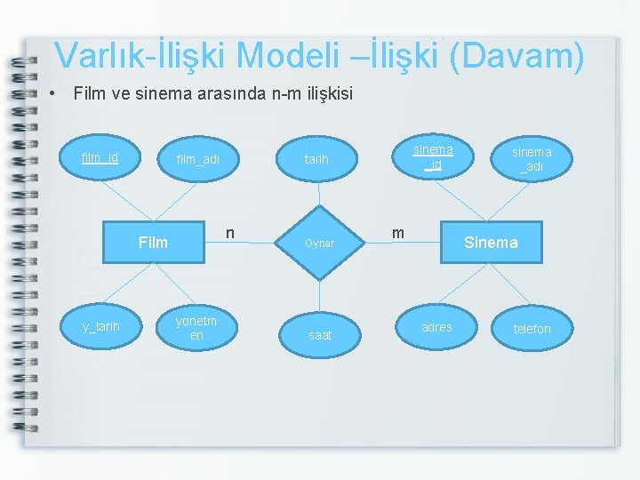 Varlık-İlişki Modeli –İlişki (Davam) • Film ve sinema arasında n-m ilişkisi film_id n Film