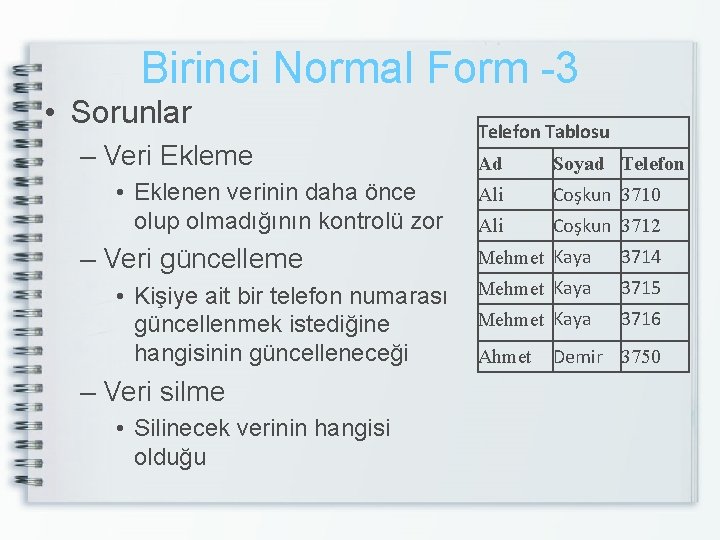 Birinci Normal Form -3 • Sorunlar – Veri Ekleme • Eklenen verinin daha önce