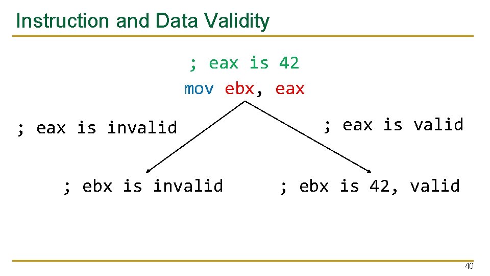 Instruction and Data Validity ; eax is 42 mov ebx, eax ; eax is