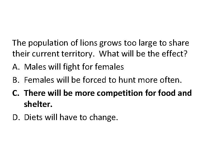 The population of lions grows too large to share their current territory. What will
