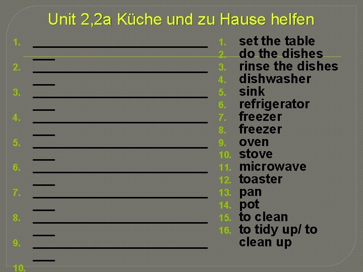 Unit 2, 2 a Küche und zu Hause helfen 1. 2. 3. 4. 5.