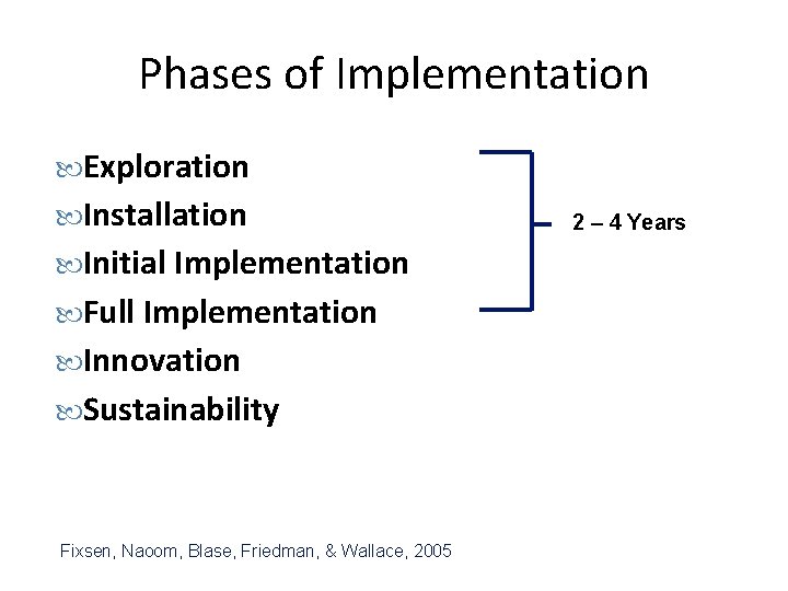 Phases of Implementation Exploration Installation Initial Implementation Full Implementation Innovation Sustainability Fixsen, Naoom, Blase,