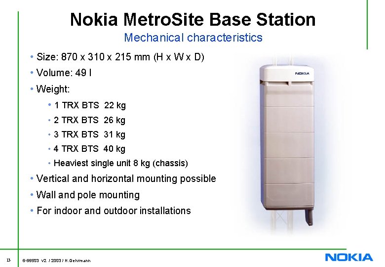 Nokia Metro. Site Base Station Mechanical characteristics • Size: 870 x 310 x 215