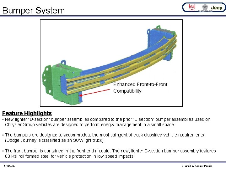 Bumper System Feature Highlights • New lighter “D-section” bumper assemblies compared to the prior