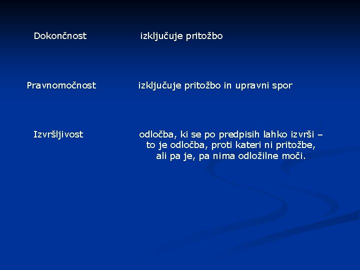 Dokončnost Pravnomočnost Izvršljivost izključuje pritožbo in upravni spor odločba, ki se po predpisih lahko