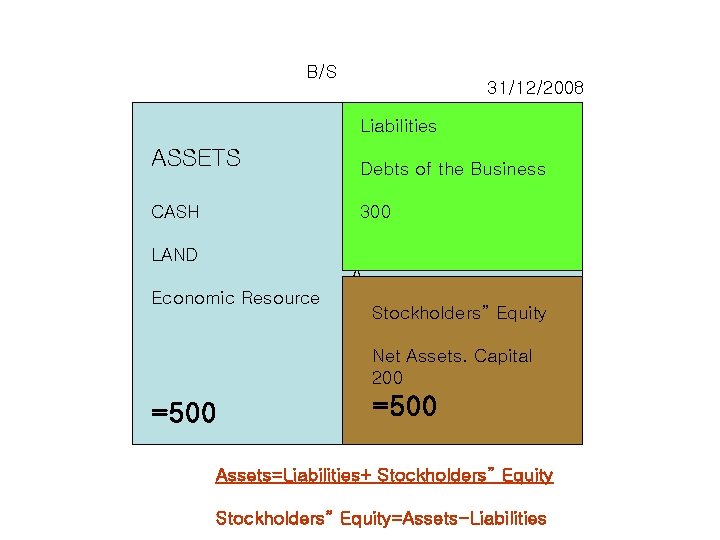 B/S 31/12/2008 Liabilities ASSETS Debts of the Business CASH 300 LAND A Economic Resource