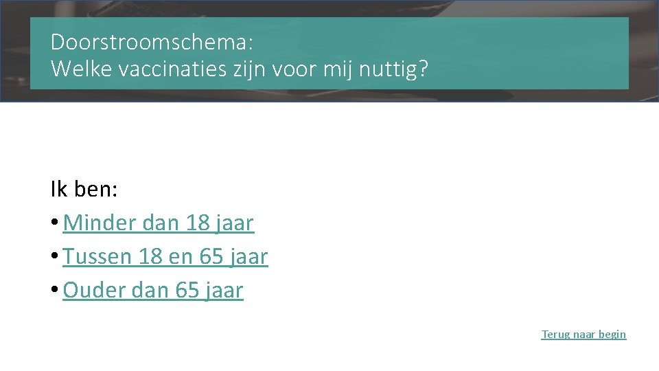 Doorstroomschema: Welke vaccinaties zijn voor mij nuttig? Ik ben: • Minder dan 18 jaar